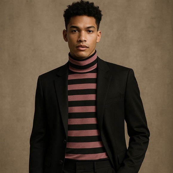 Men's Pink and Black Stripe Mock Neck - Picture 1 of 10